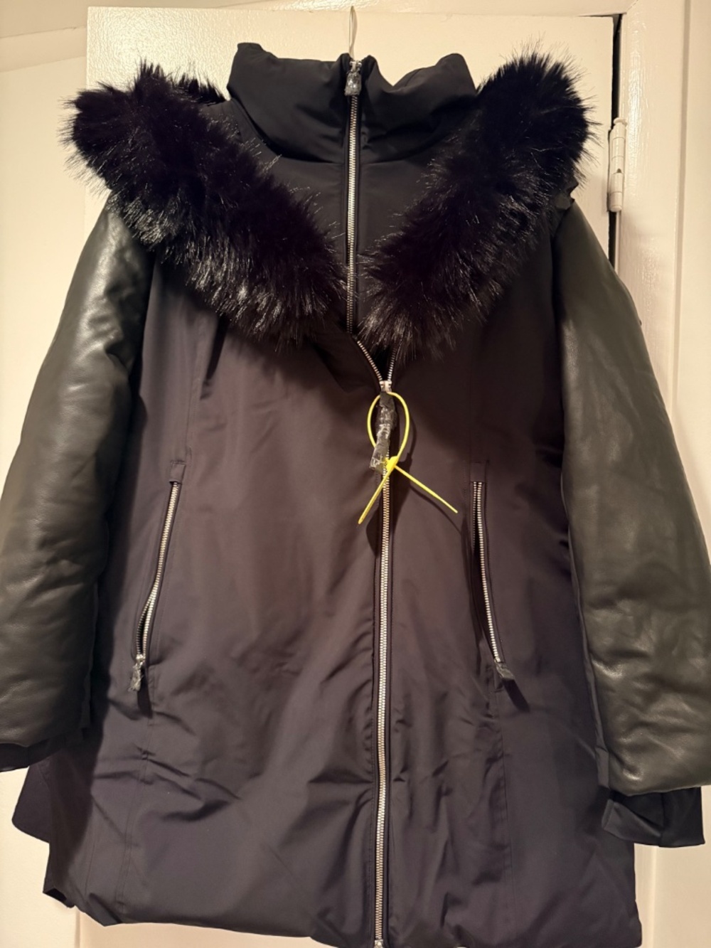 Aurelle Women's Mid-Length Fitted Down Parka With Vegan Leather Sleeves